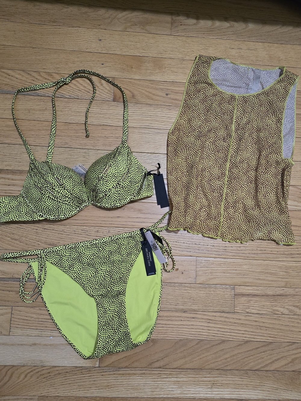 Victoria's Secret 3-Piece Neon Green Animal Print Bikini Set Cover-Up NWT